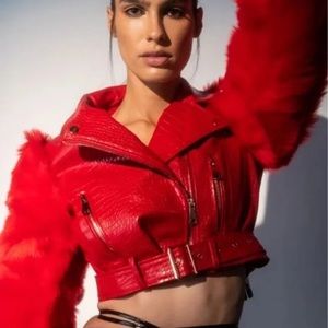 Azalea Wang cropped red leather jacket